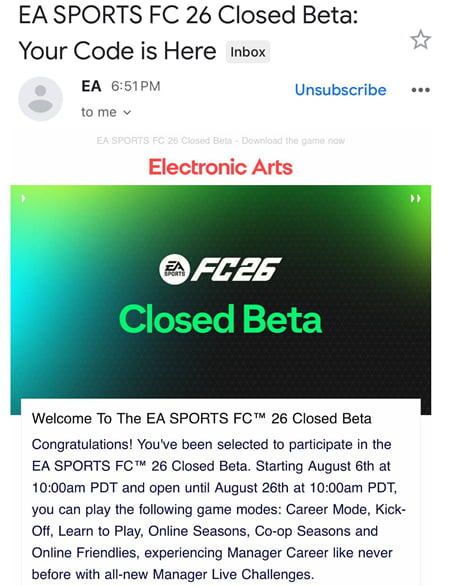 E-Mail mit EA FC 26 Beta-Code
