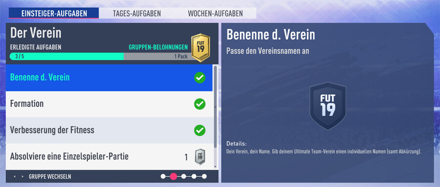 FIFA 19 Vereinsname ändern über Einsteigeraufgaben