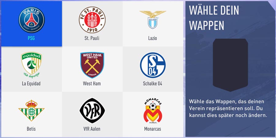 Vereinswappen auswählen: Auch hier gibt es nur 2 Wappen von Top-Teams, der Rest sind kleinere Mannschaften.