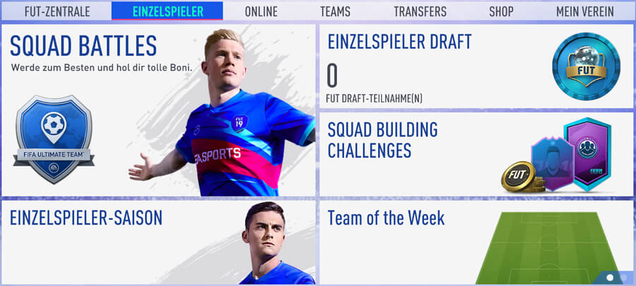 Einzelspieler-Menü: Spiele Einzelspieler-Saisons, Squad Battles, Draft, Squad Building Challenges oder Team-of-the-Week-Challenge