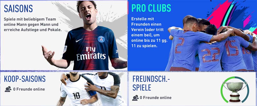 Online-Menü: Wähle zwischen den Multiplayer-Modi Saisons, Koop-Saisons, Pro Clubs und Freundschaftsspiele