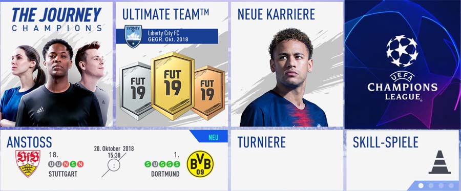 Spielen-Menü: Wähle Anstoß, FUT, Champions League, The Journey, Karriere, Turniere oder Skill-Spiele