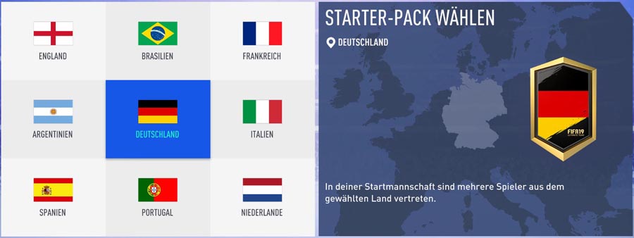 Starter-Pack: Wähle am besten England oder Deutschland. Das erleichtert später die Squad Building Challenges für Einsteiger.